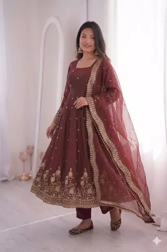 maroon embroidered anarkali suit set with dupatta