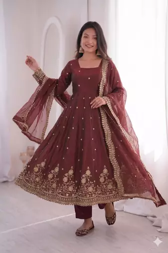 maroon embroidered anarkali suit set with dupatta