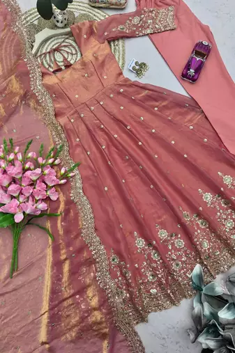 peach embroidered anarkali suit set with dupatta
