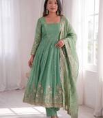Womens new latest trendy elegant pista embroidered anarkali suit set with scalloped dupatta