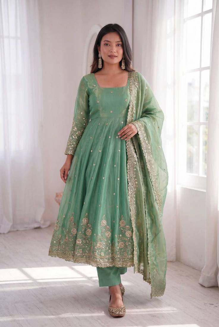 Womens new latest trendy elegant pista embroidered anarkali suit set with scalloped dupatta