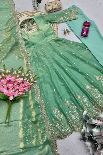 pista embroidered anarkali suit set with dupatta