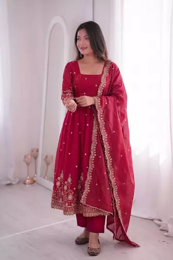  red embroidered anarkali suit set with dupatta