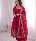 Womens new latest trendy elegant red embroidered anarkali suit set with scalloped dupatta