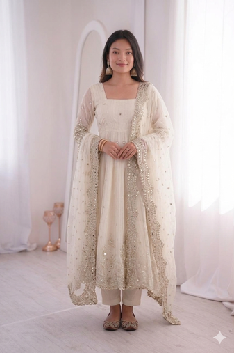 Womens new latest trendy elegant white embroidered anarkali suit set with scalloped dupatta