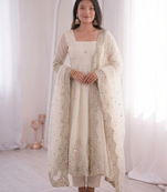 Womens new latest trendy elegant white embroidered anarkali suit set with scalloped dupatta