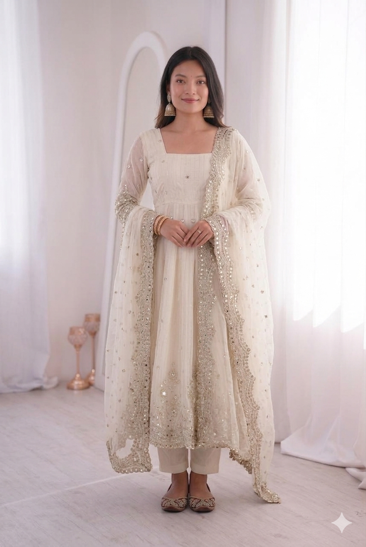 Womens new latest trendy elegant white embroidered anarkali suit set with scalloped dupatta