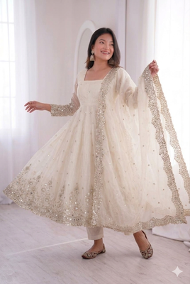white embroidered anarkali suit set with dupatta 3