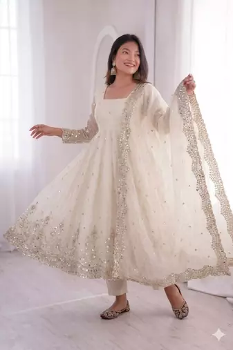 white embroidered anarkali suit set with dupatta