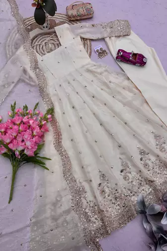 white embroidered anarkali suit set with dupatta