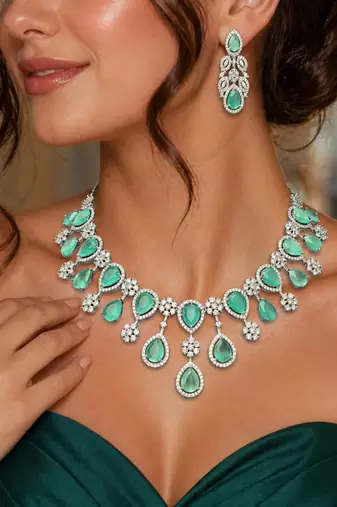 Victorian Style Mint Green Pear Cut Faux Emerald Bridal Necklace Set, Silver Cubic Zirconia Earrings