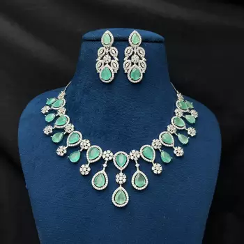 Victorian Style Mint Green Pear Cut Faux Emerald Bridal Necklace Set, Silver Cubic Zirconia Earrings 2