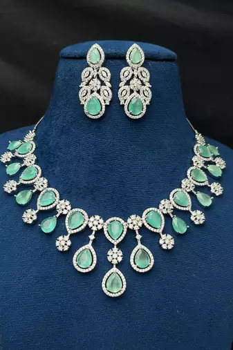 Victorian Style Mint Green Pear Cut Faux Emerald Bridal Necklace Set, Silver Cubic Zirconia Earrings