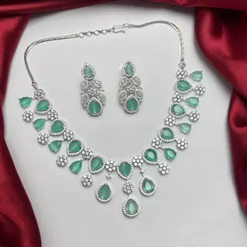 Victorian Style Mint Green Pear Cut Faux Emerald Bridal Necklace Set, Silver Cubic Zirconia Earrings 3