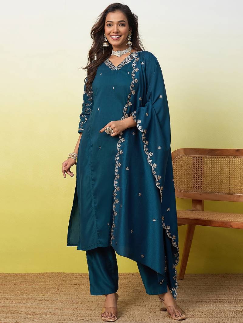 Blue women kurta pant dupatta set