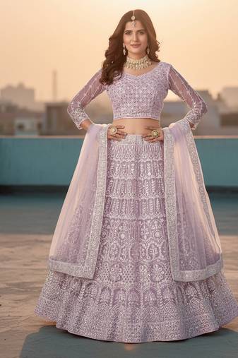 Lavender Net Embroidered Lehenga With Choli And Net Dupatta
