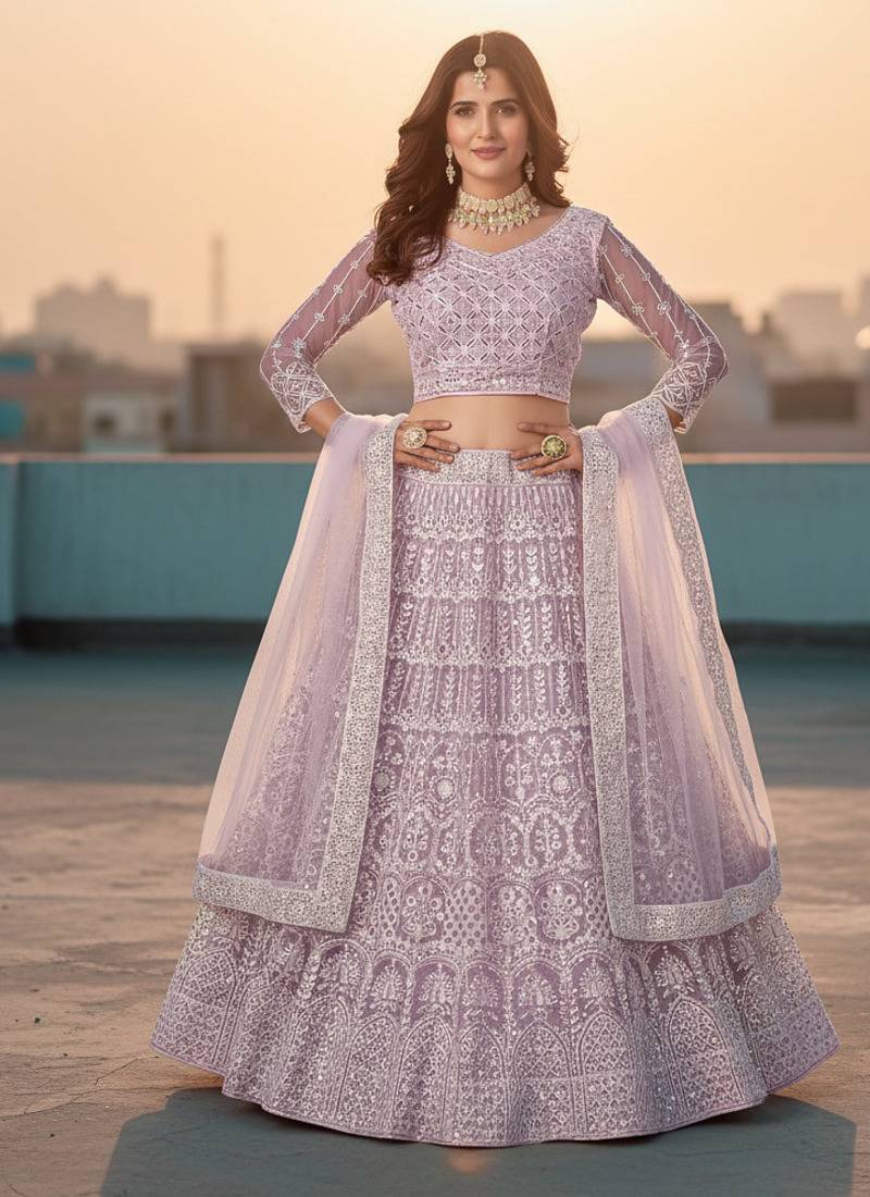 Lavender Net Embroidered Lehenga With Choli And Net Dupatta