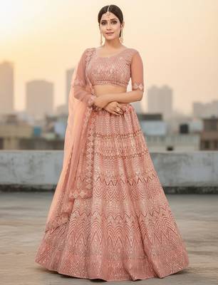 Peach Net Embroidered Lehenga With Choli And Net Dupatta 1