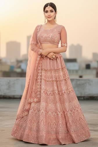 Peach Net Embroidered Lehenga With Choli And Net Dupatta