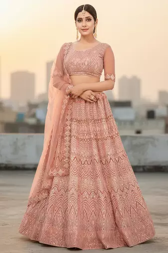 Peach Net Embroidered Lehenga With Choli And Net Dupatta