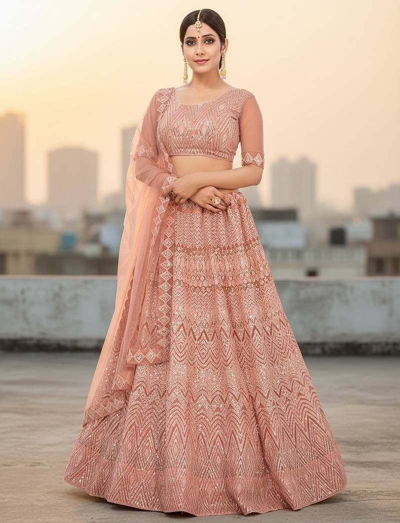 Peach Net Embroidered Lehenga With Choli And Net Dupatta