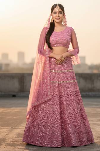 Pink Net Embroidered Lehenga With Choli And Net Dupatta