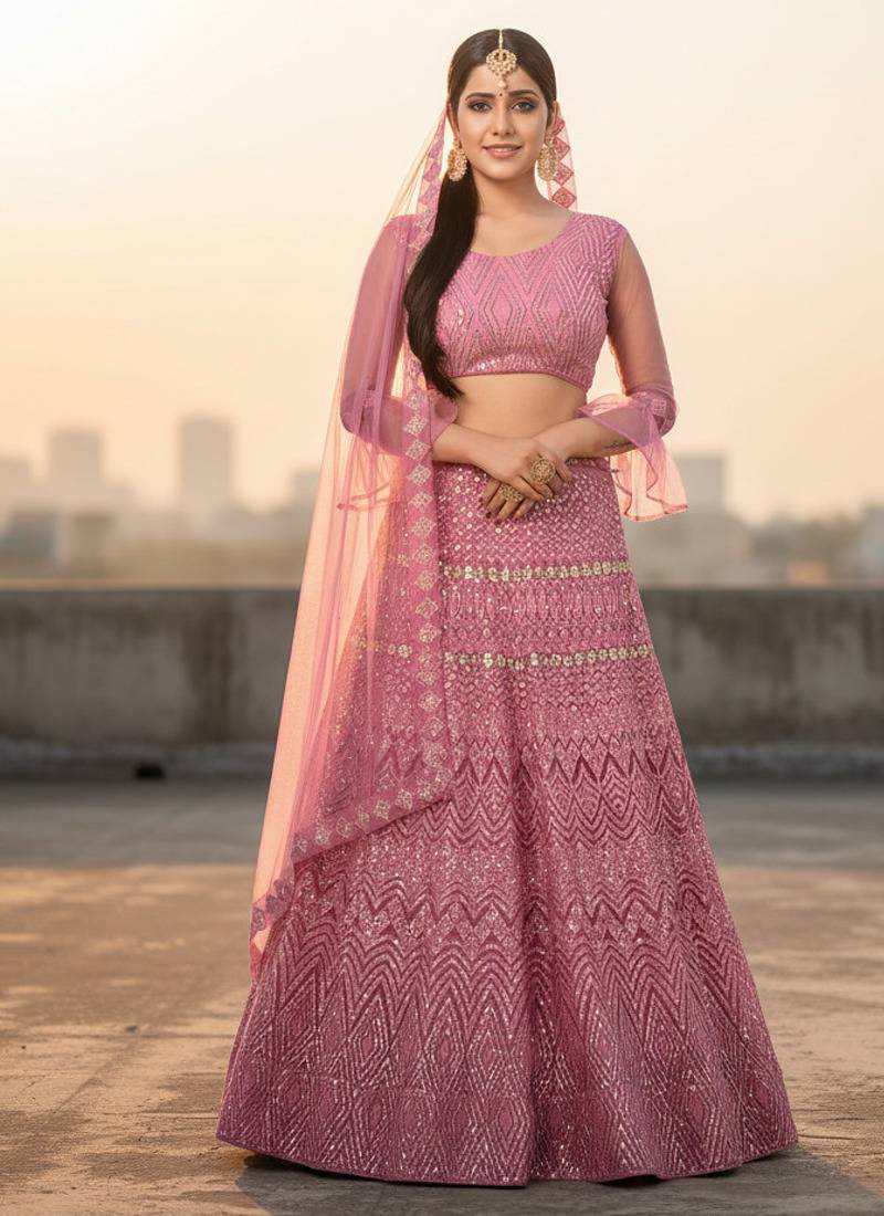 Pink Net Embroidered Lehenga With Choli And Net Dupatta