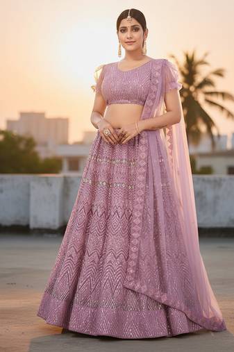 Lavender Net Embroidered Lehenga With Choli And Net Dupatta
