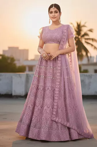 Lavender Net Embroidered Lehenga With Choli And Net Dupatta