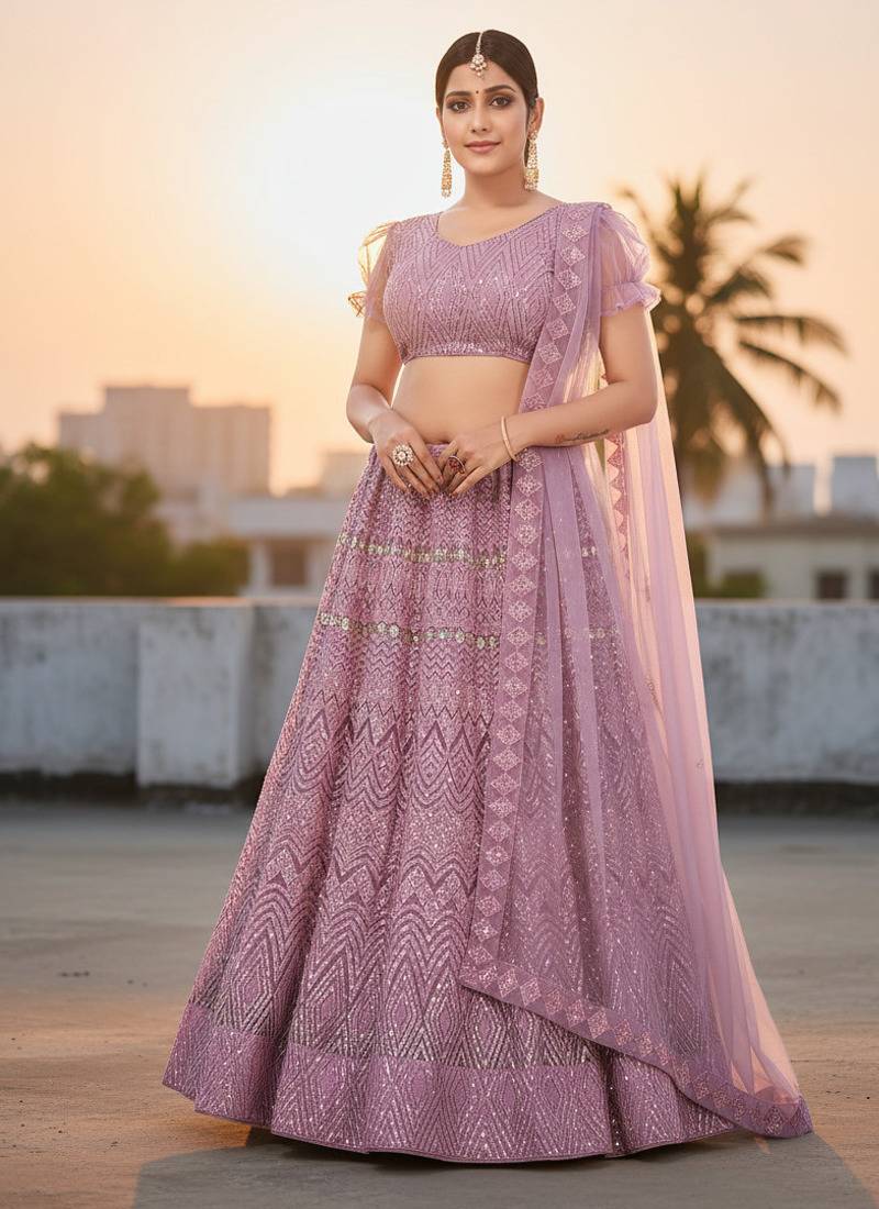 Lavender Net Embroidered Lehenga With Choli And Net Dupatta