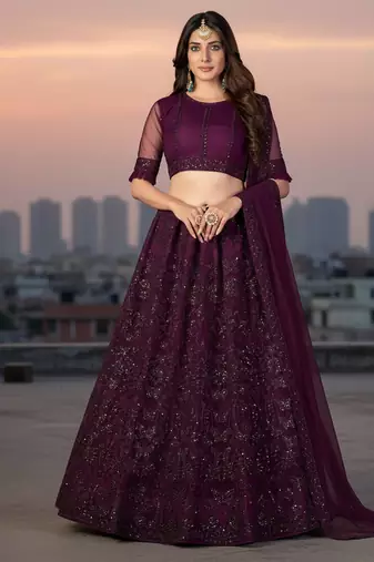 Wine Net Embroidered Lehenga With Choli And Net Dupatta
