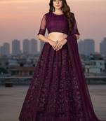 Wine Net Embroidered Lehenga With Choli And Net Dupatta