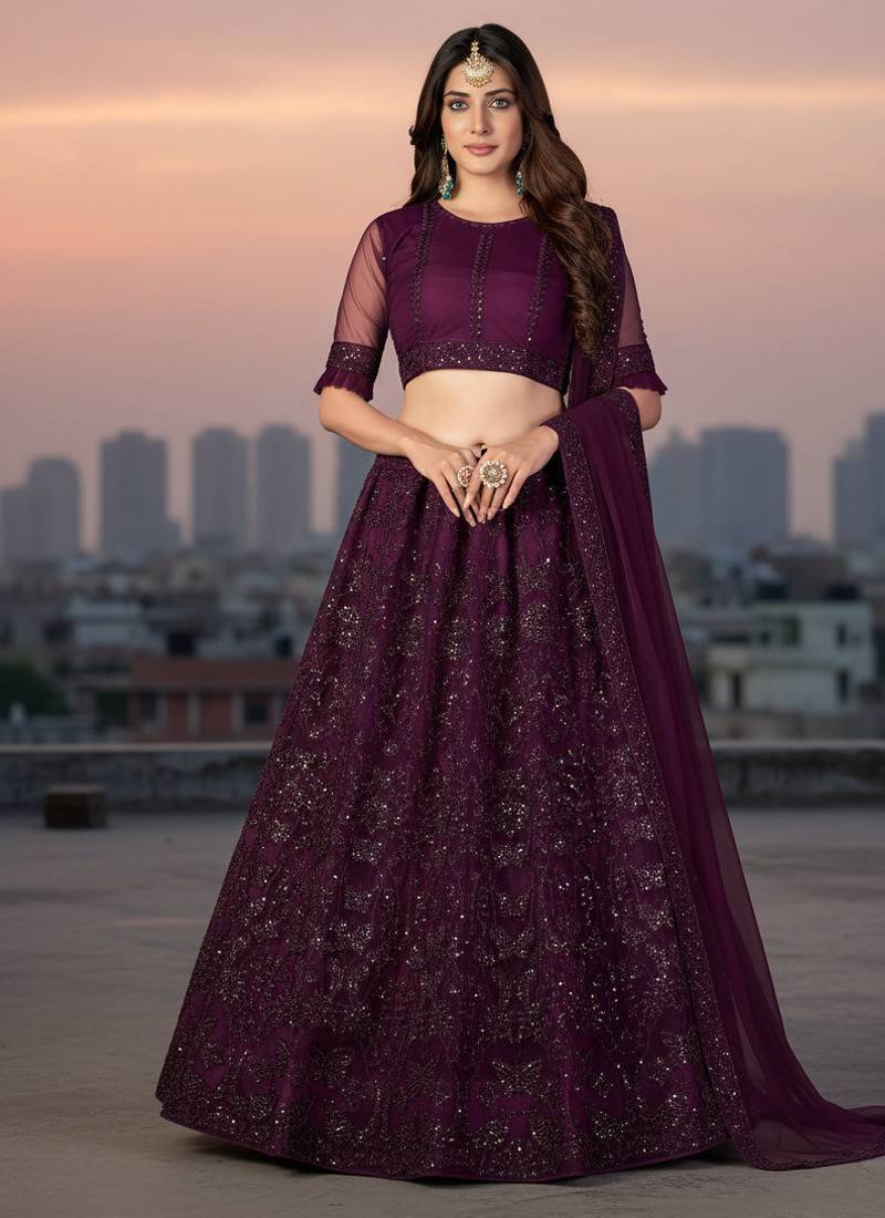Wine Net Embroidered Lehenga With Choli And Net Dupatta