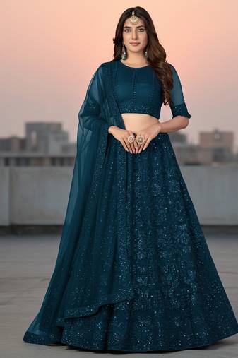 Teal Net Embroidered Lehenga With Choli And Net Dupatta