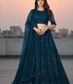 Teal Net Embroidered Lehenga With Choli And Net Dupatta
