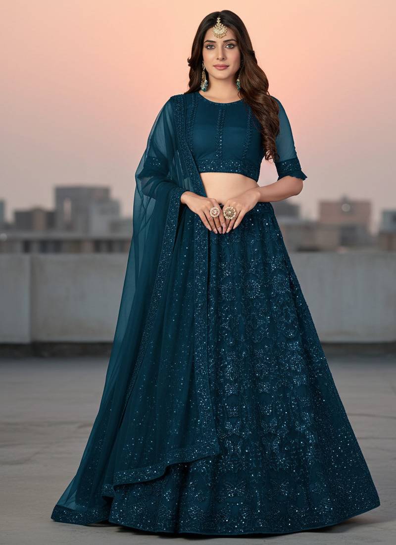 Teal Net Embroidered Lehenga With Choli And Net Dupatta
