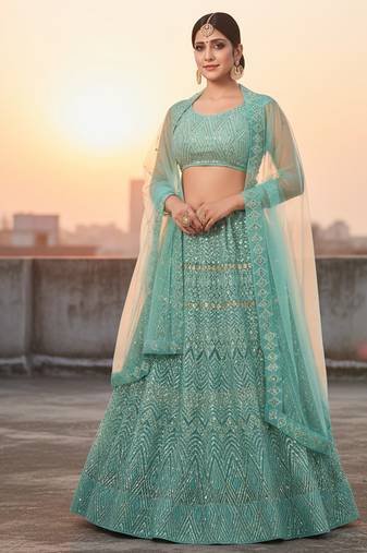 Light Green Net Embroidered Lehenga With Choli And Net Dupatta