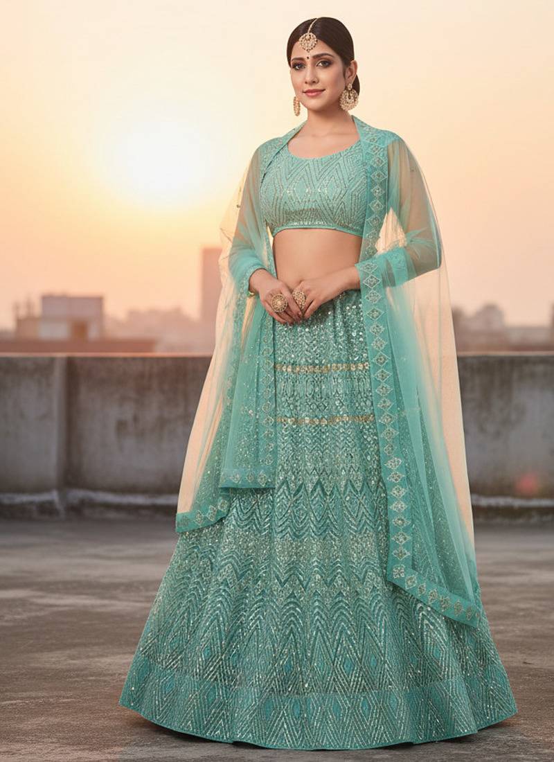 Light Green Net Embroidered Lehenga With Choli And Net Dupatta