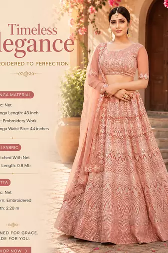 Peach Net Embroidered Lehenga With Choli And Net Dupatta