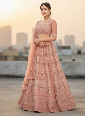 Peach Net Embroidered Lehenga With Choli And Net Dupatta 3
