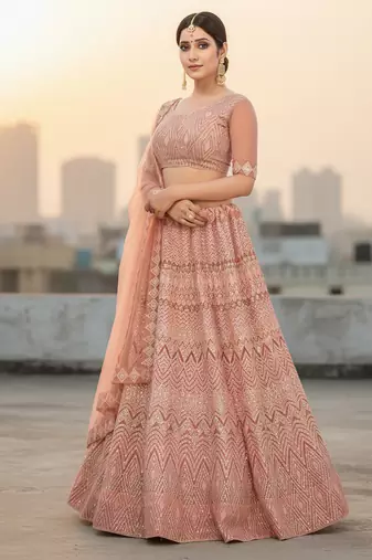 Peach Net Embroidered Lehenga With Choli And Net Dupatta