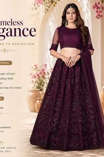 Wine Net Embroidered Lehenga With Choli And Net Dupatta