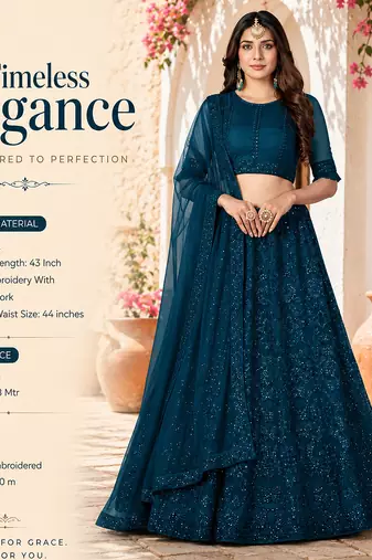 Teal Net Embroidered Lehenga With Choli And Net Dupatta
