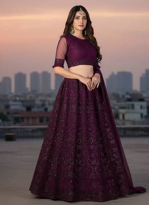 Wine Net Embroidered Lehenga With Choli And Net Dupatta 3