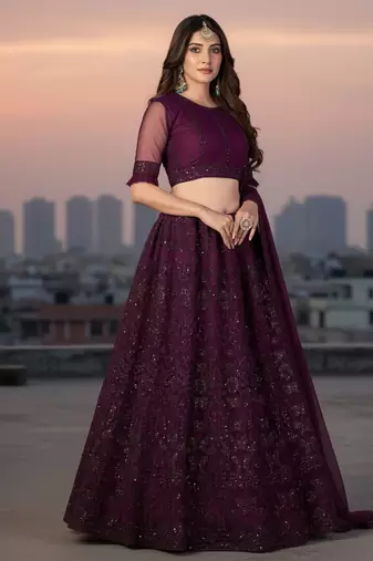 Wine Net Embroidered Lehenga With Choli And Net Dupatta