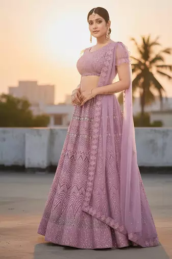 Lavender Net Embroidered Lehenga With Choli And Net Dupatta