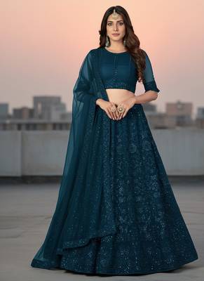 Teal Net Embroidered Lehenga With Choli And Net Dupatta 3