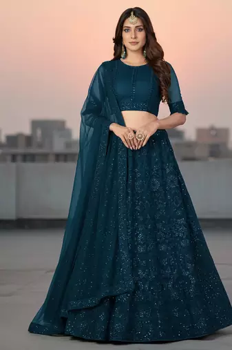Teal Net Embroidered Lehenga With Choli And Net Dupatta