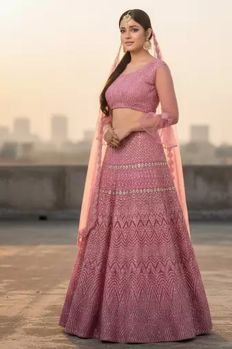Pink Net Embroidered Lehenga With Choli And Net Dupatta