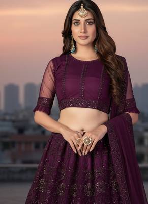 Wine Net Embroidered Lehenga With Choli And Net Dupatta 4